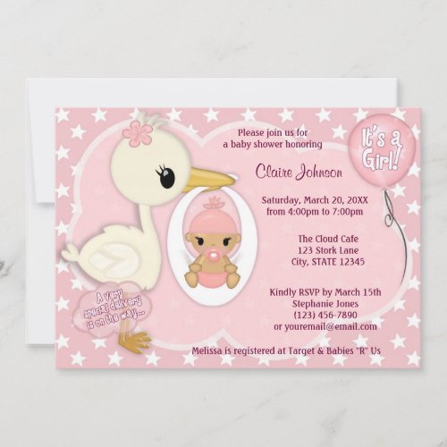 Stork Delivery baby shower invitation GIRL PINK 1B
