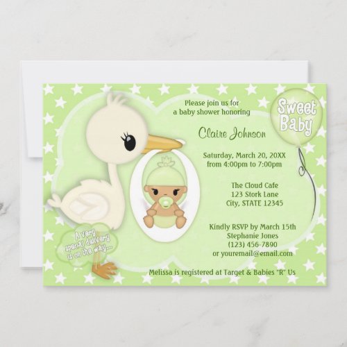 Stork Delivery baby shower invitation GREEN 3B