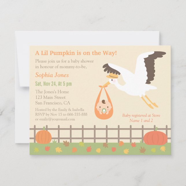 Stork Delivery Lil Pumpkin Baby Shower Invitations (Front)