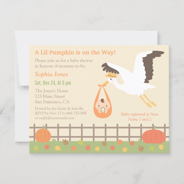 Stork Delivery Lil Pumpkin Baby Shower Invitations (Front)