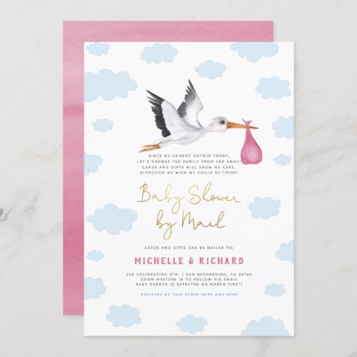 Stork Delivery Pink Baby Girl Baby Shower By Mail Invitation