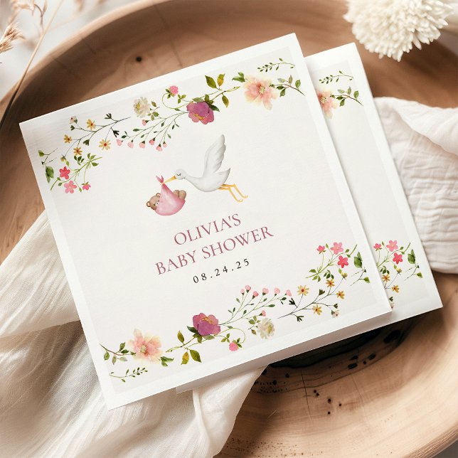 Stork Delivery Pink Floral Garden Girl Baby Shower Napkins (Creator Uploaded)