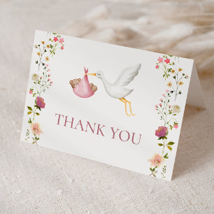Stork Delivery Pink Floral Garden Girl Baby Shower Thank You Card