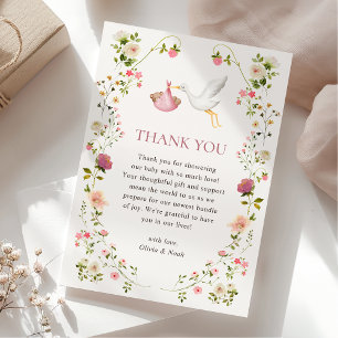 Stork Delivery Pink Floral Garden Girl Baby Shower Thank You Card