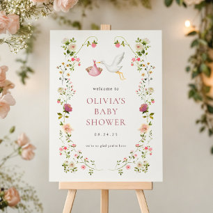 Stork Delivery Pink Girl Baby Shower Welcome Sign