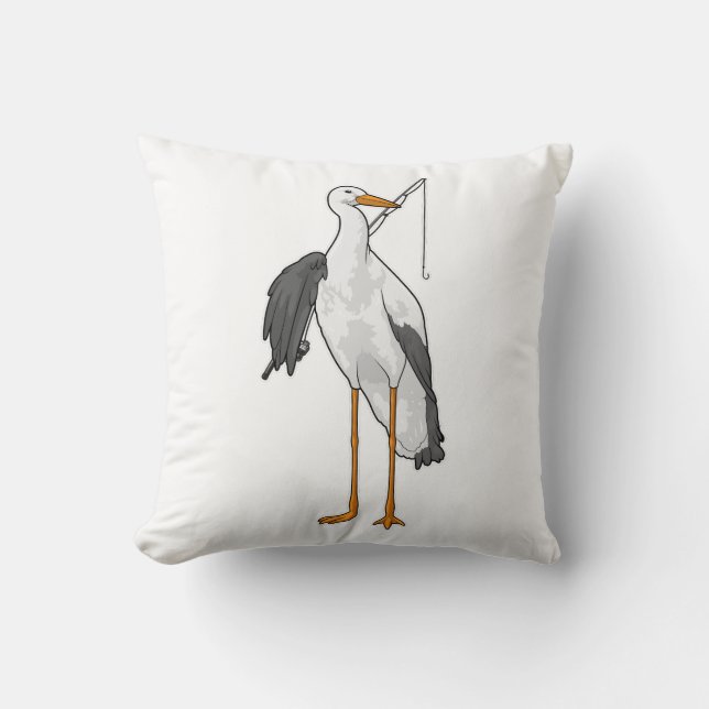 Stork Fishing Fisher Fishing rod Throw Pillow (Front)