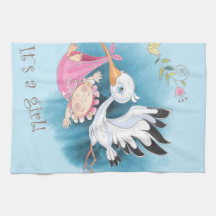 Stork Flies With Baby Girl   Gift For Baby Kitchen Towel