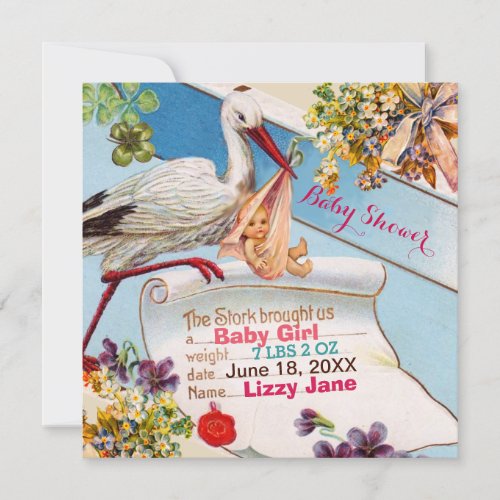 STORKFLOWERS GiRL BABY SHOWER BIRTH STATUS Invitation