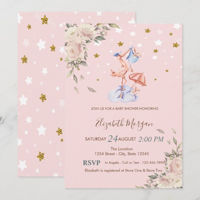 Stork Flowers,Stars Baby Shower  Invitation (Front/Back)