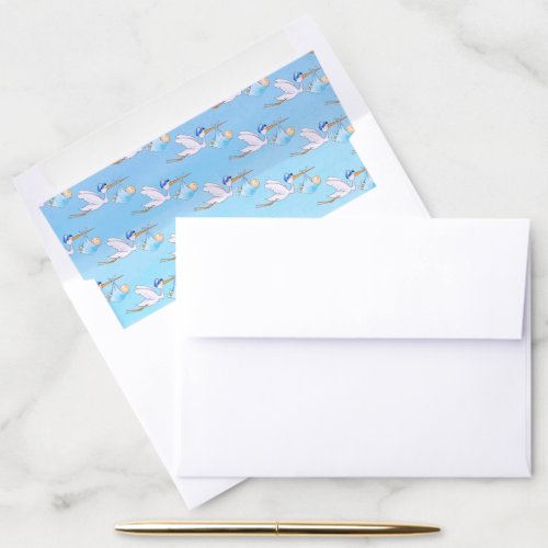 Stork flying with baby boy sky blue pattern envelope liner