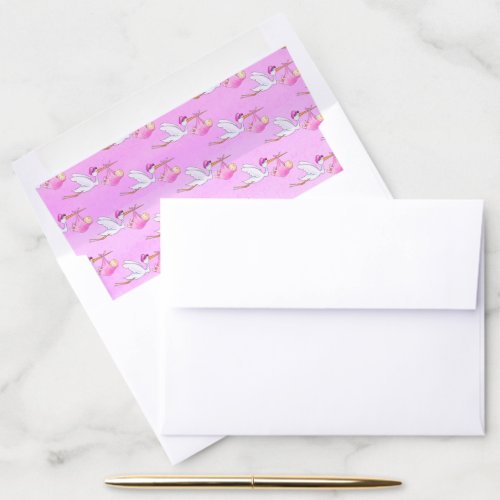 Stork flying with baby boy sky pink pattern envelope liner