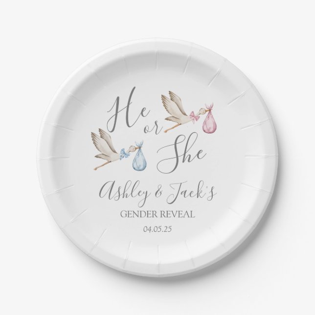 Stork Gender Reveal Welcome Sign Paper Plates (Front)