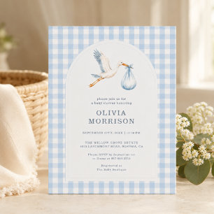Stork Gingham Blue Boy Baby Shower Invitation