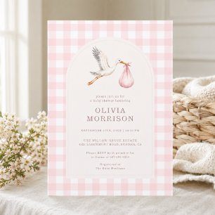 Stork Gingham Pink Girl Baby Shower Invitation