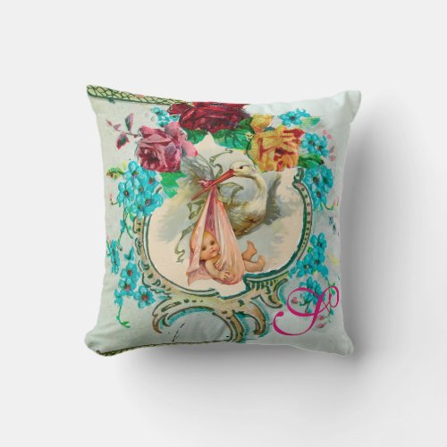 STORK GIRL BABY SHOWER FLORAL Baby Birth Stats Throw Pillow
