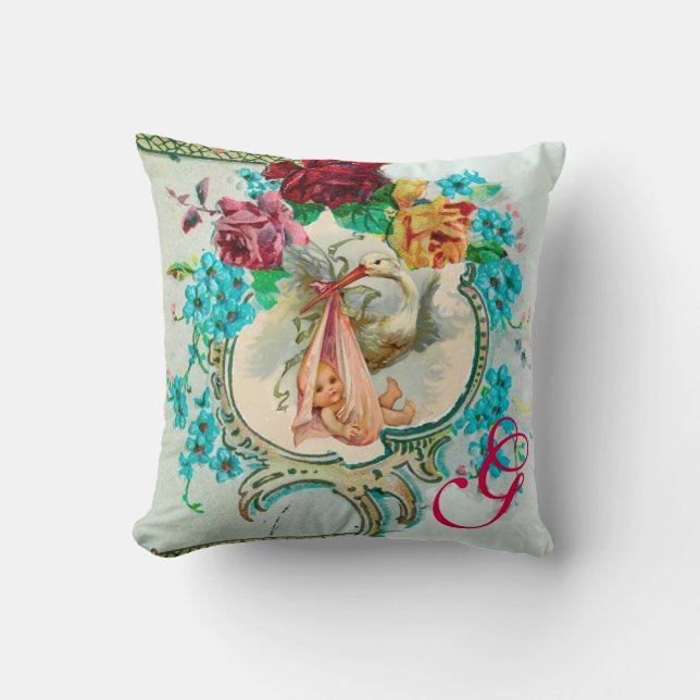 STORK GIRL BABY SHOWER FLORAL MONOGRAM Keepsake Throw Pillow (Front)