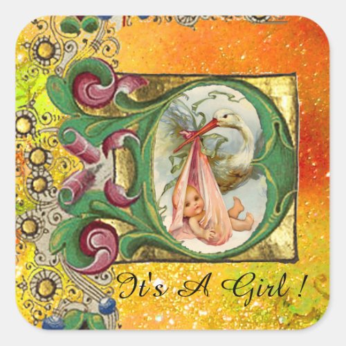 STORK GIRL BABY SHOWER FLORAL PARCHMENT IN YELLOW SQUARE STICKER