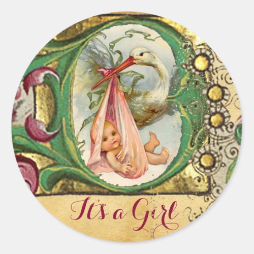 STORK GIRL BABY SHOWER FLORAL PARCHMENT MONOGRAM CLASSIC ROUND STICKER