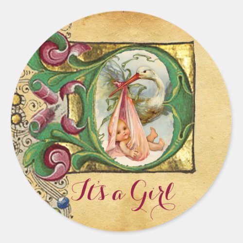 STORK GIRL BABY SHOWER FLORAL PARCHMENT MONOGRAM CLASSIC ROUND STICKER