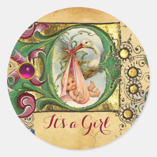 STORK GIRL BABY SHOWER FLORAL PARCHMENT MONOGRAM CLASSIC ROUND STICKER