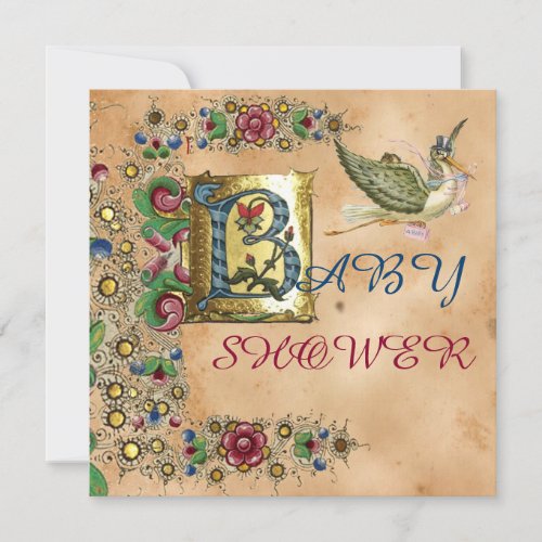 STORK GIRL BABY SHOWER FLORAL PARCHMENT MONOGRAM INVITATION