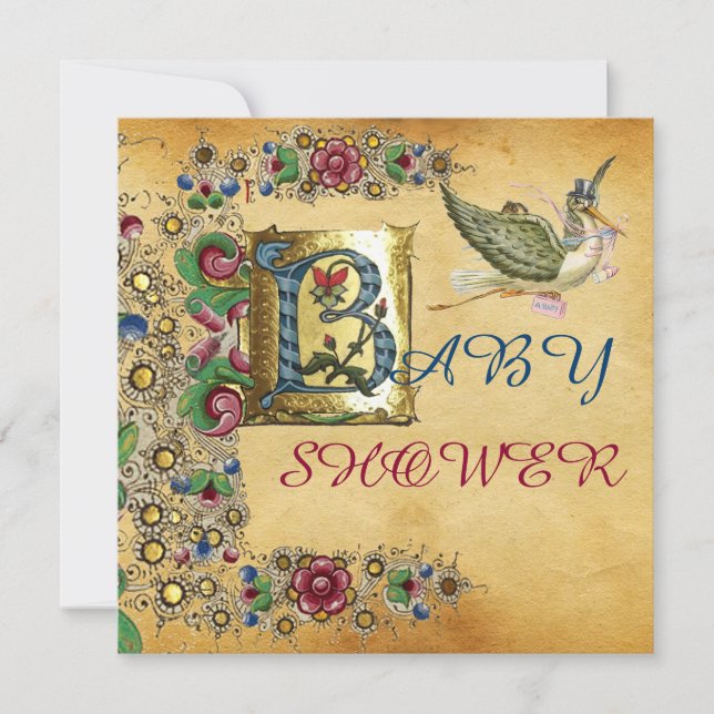 STORK GIRL BABY SHOWER FLORAL PARCHMENT MONOGRAM INVITATION (Front)