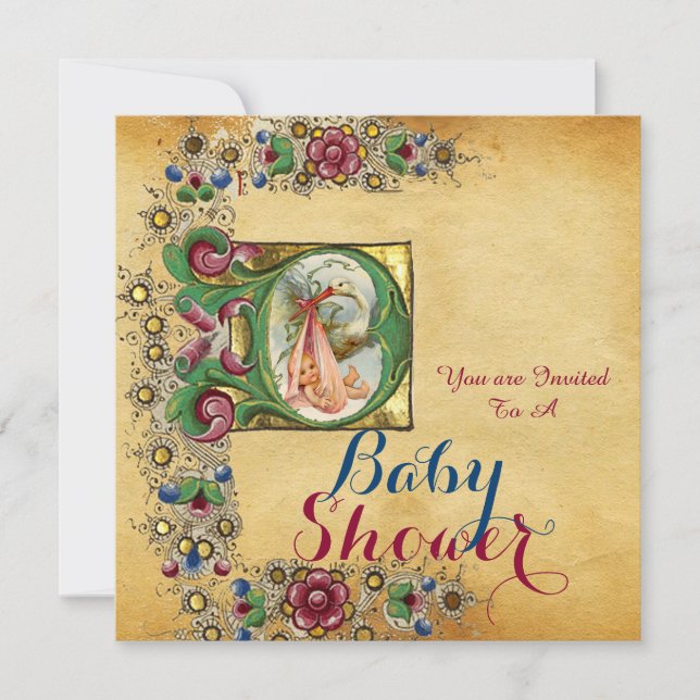 STORK GIRL BABY SHOWER FLORAL PARCHMENT MONOGRAM INVITATION (Front)