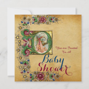 STORK GIRL BABY SHOWER FLORAL PARCHMENT MONOGRAM INVITATION