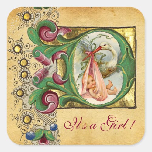 STORK GIRL BABY SHOWER FLORAL PARCHMENT MONOGRAM SQUARE STICKER