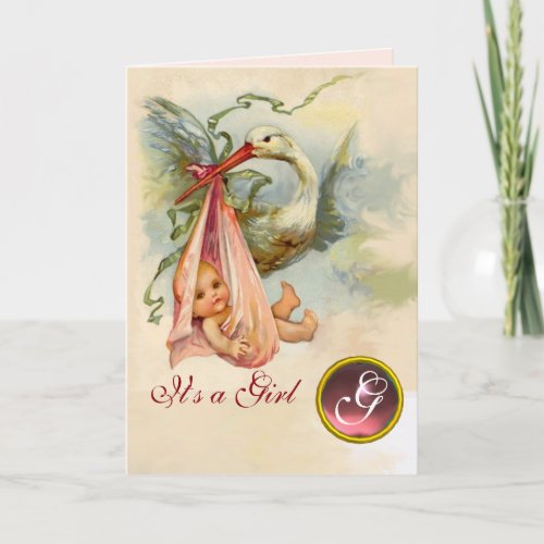 STORK GIRL BABY SHOWER PINK GEM MONOGRAM ANNOUNCEMENT