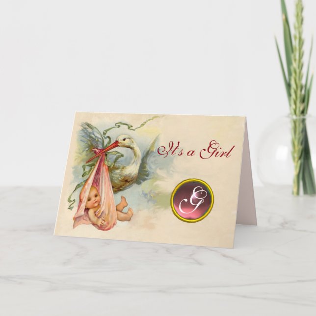 STORK GIRL BABY SHOWER PINK GEM MONOGRAM ANNOUNCEMENT (Front)