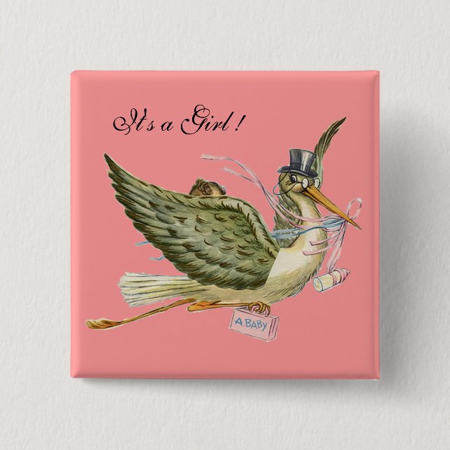 STORK GIRL BABY SHOWER Pink It is a girl Button (Front)