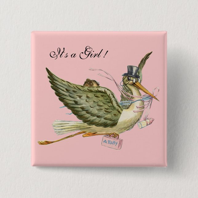 STORK GIRL BABY SHOWER Pink Pinback Button (Front)