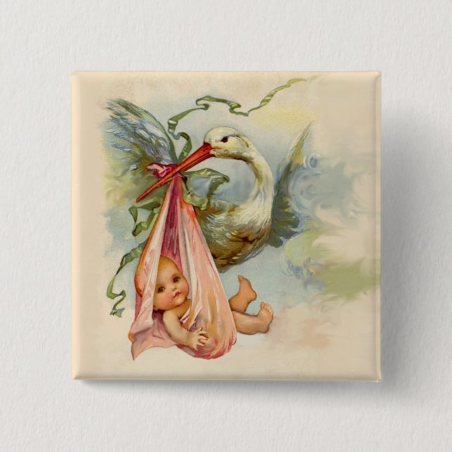 STORK GIRL BABY SHOWER PINK PINBACK BUTTON (Front)
