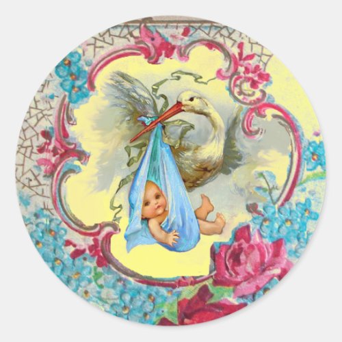 STORK GIRL BABY SHOWER PINK ROSES AND BLUE FLOWERS CLASSIC ROUND STICKER