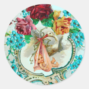 STORK GIRL BABY SHOWER PINK ROSES AND BLUE FLOWERS CLASSIC ROUND STICKER