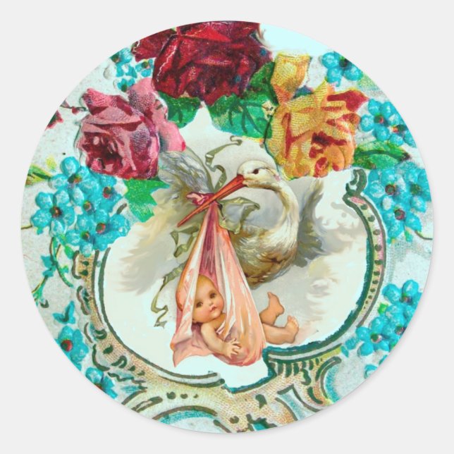 STORK GIRL BABY SHOWER PINK ROSES AND BLUE FLOWERS CLASSIC ROUND STICKER (Front)