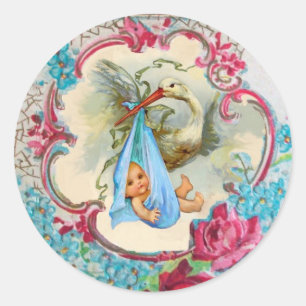 STORK GIRL BABY SHOWER PINK ROSES AND BLUE FLOWERS CLASSIC ROUND STICKER