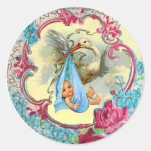 STORK GIRL BABY SHOWER PINK ROSES AND BLUE FLOWERS CLASSIC ROUND STICKER