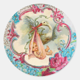 STORK GIRL BABY SHOWER PINK ROSES AND BLUE FLOWERS CLASSIC ROUND STICKER