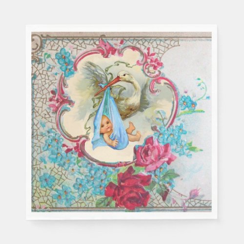 STORK GIRL BABY SHOWER PINK ROSES AND BLUE FLOWERS NAPKINS