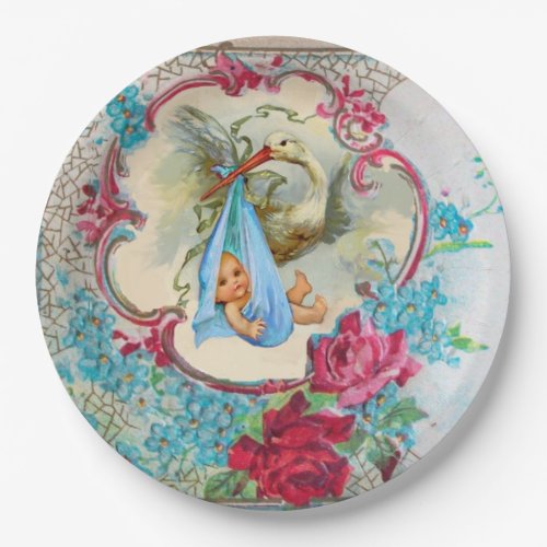 STORK GIRL BABY SHOWER PINK ROSES AND BLUE FLOWERS PAPER PLATES