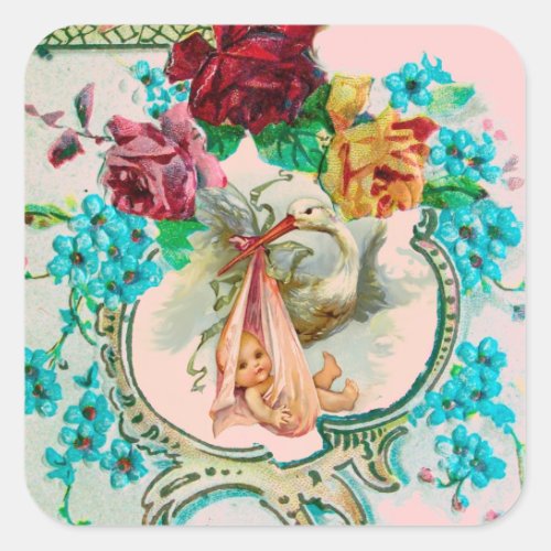 STORK GIRL BABY SHOWER PINK ROSES AND BLUE FLOWERS SQUARE STICKER