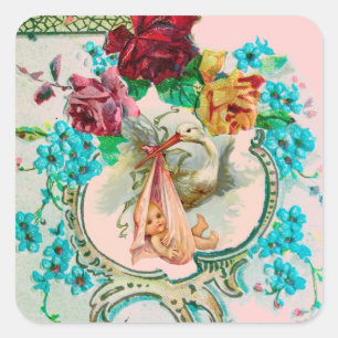 STORK GIRL BABY SHOWER PINK ROSES AND BLUE FLOWERS SQUARE STICKER