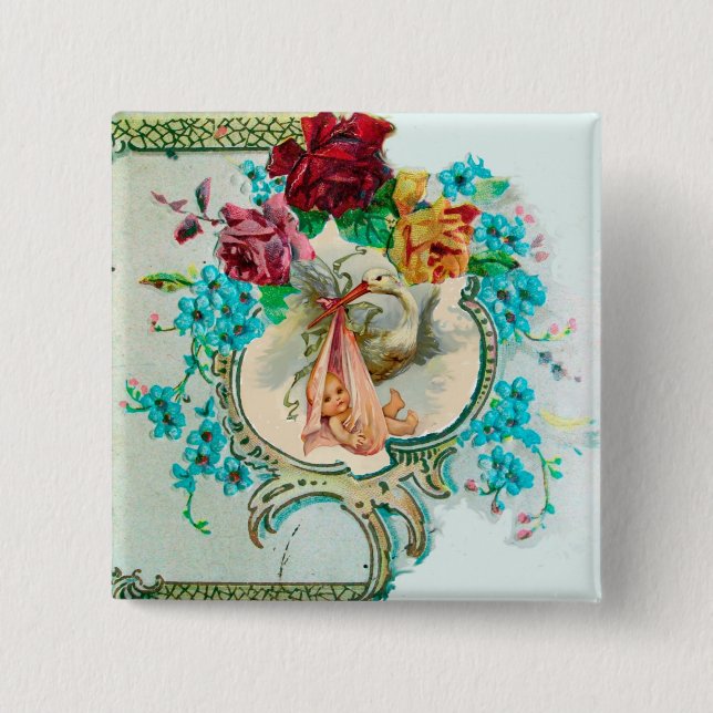STORK GIRL BABY SHOWER /PINK ROSES BLUE FLOWERS BUTTON (Front)