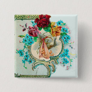 STORK GIRL BABY SHOWER /PINK ROSES BLUE FLOWERS BUTTON