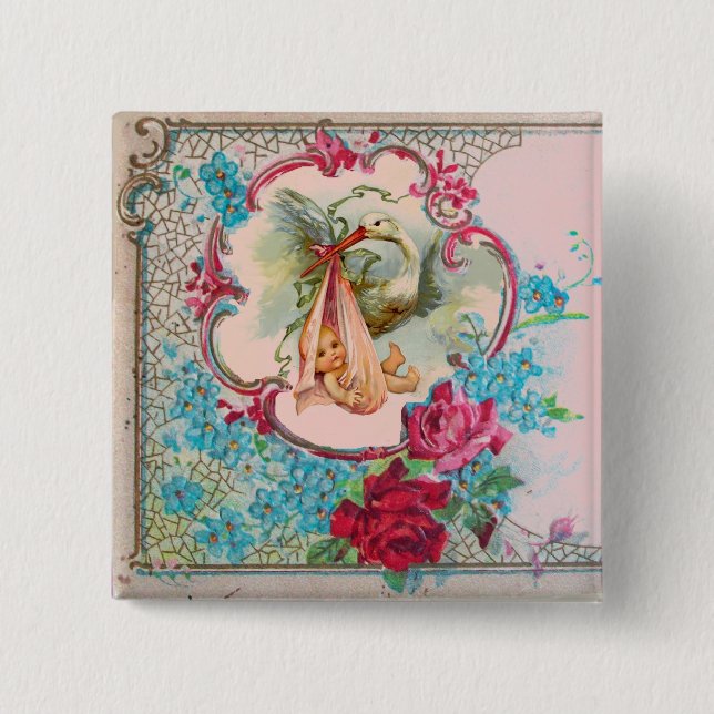 STORK GIRL BABY SHOWER /PINK ROSES BLUE FLOWERS BUTTON (Front)