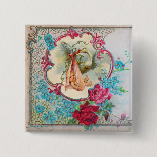 STORK GIRL BABY SHOWER /PINK ROSES BLUE FLOWERS PINBACK BUTTON