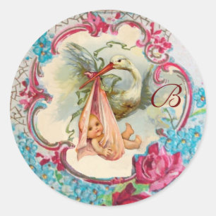 STORK GIRL BABY SHOWER PINK ROSES,FLOWERS MONOGRAM CLASSIC ROUND STICKER