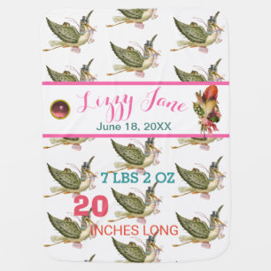 STORK GIRL BABY SHOWER Pink White Baby Stats Blanket
